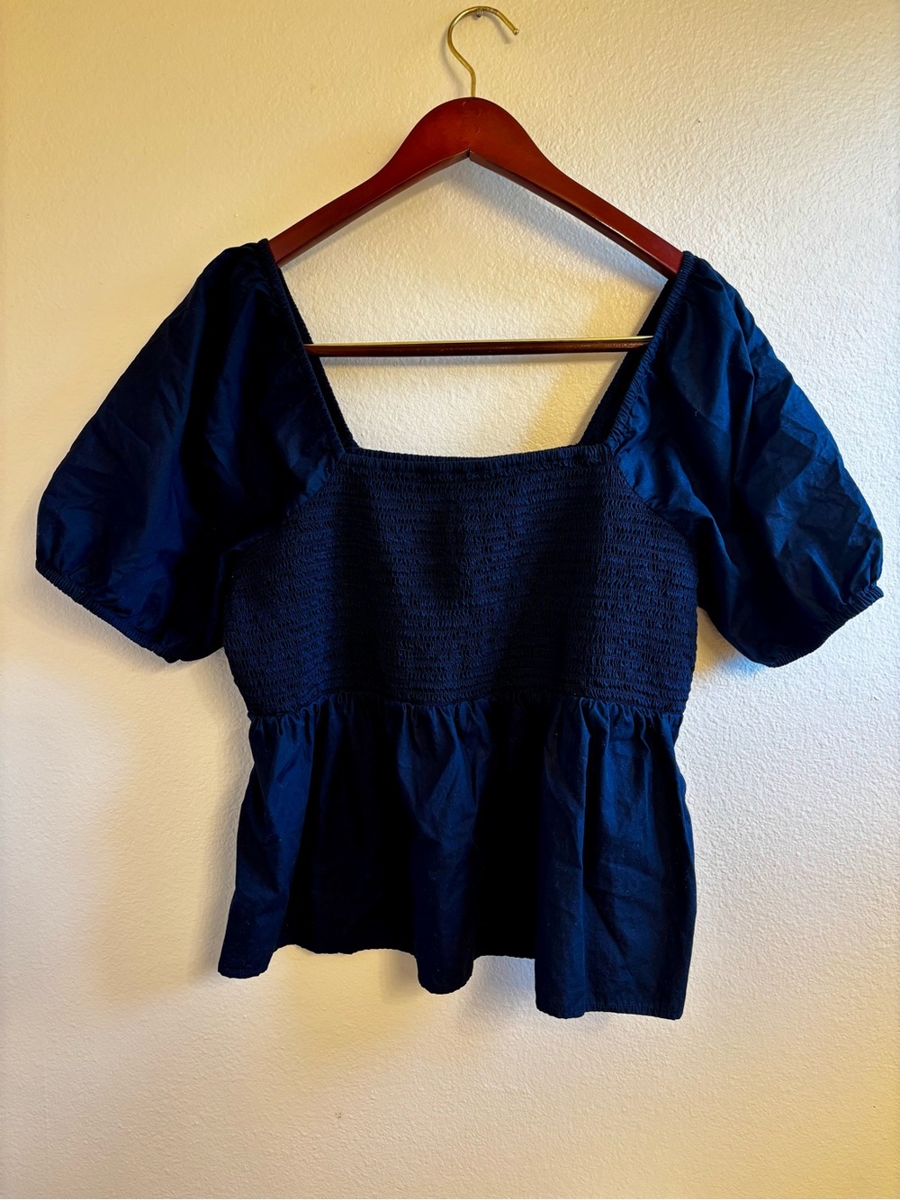 LOFT Navy Square-Neck Cotton Smocked Peplum Puff Sleeve Top Size Large